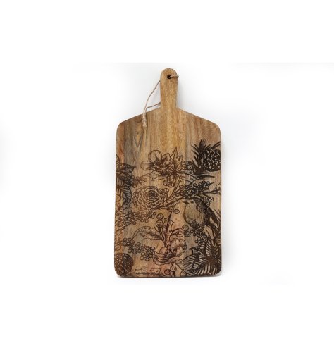 Present your seasonal snacks with this unique and beautifully crafted wooden board with floral robin design.