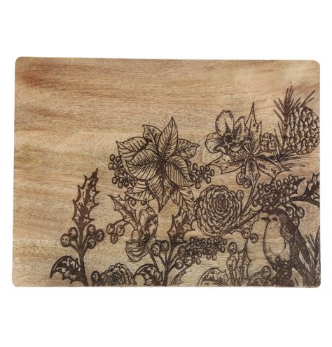 A chunky wooden serving board with an intricate laser cut seasonal design with robin.