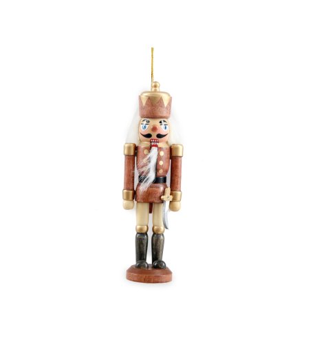A traditionally styled wooden nutcracker decoration with gold detailing. 