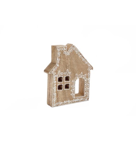 A charming wooden house decoration with cut out details and a pretty patterned border. 