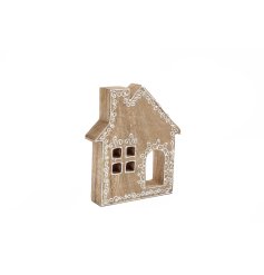 A sweet and stylish wooden house featuring cut out details and an intricately patterned border. 