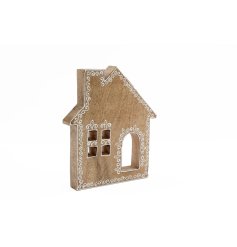 A charming wooden house decoration with cut out details and a pretty patterned border. 