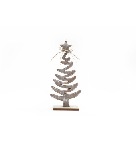 A stylish wooden Christmas tree decoration finished with a twine bow and bell details.