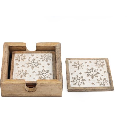 Set of 4 Wooden Snowflake Coasters, 11cm