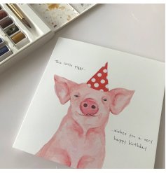 A greeting card with with cute pig illustration and "this little piggy wishes you a very happy birthday" message. 