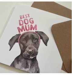A cute greeting card with adorable illustrated dog wearing a "best dog mum" headband. 