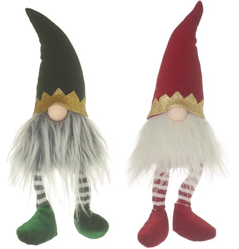 Two stripy legged gonks with gold trimmed hats. 