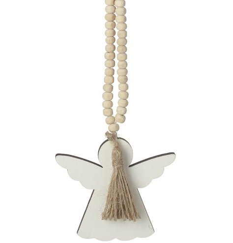 A bohemian style hanging angel on a string of wooden beads with a tassel.