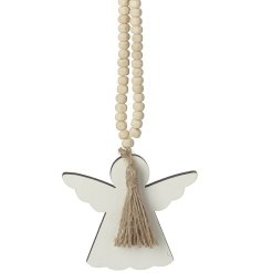 A hanging wooden angel with natural wooden beads and tassel.
