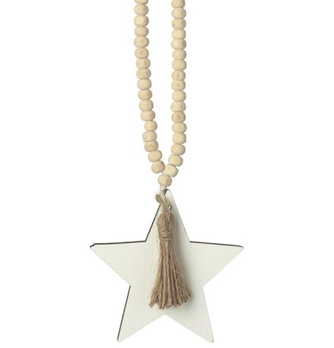 A bohemian style hanging star on a string of wooden beads with a tassel.