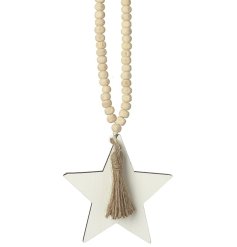 A hanging wooden star with natural wooden beads and tassel.