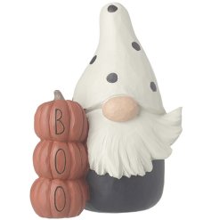 A cute and unique miniature gonk figure with a polkadot hat and BOO pumpkin stack. A fantastic seasonal gift item.