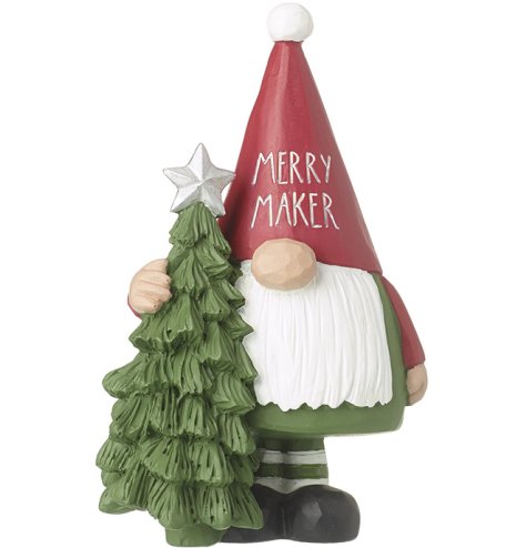 A charming gonk decoration wearing a festive hat with the wording 'Merry Maker' embossed onto it. 