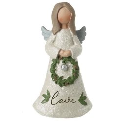 A beautiful sentiment angel. A unique gift with a glitter finish, Christmas wreath and love slogan. 