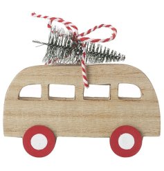 A simplistic design of a camper van made from wood, with a candy cane string attaching a mini Christmas tree to the roof