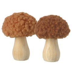 Two autumnal mushrooms with wooden base and topped with burnt orange sherpa material.