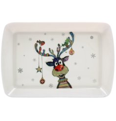 A festive tray with a illustration of a quirky reindeer.