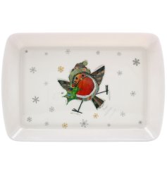 The festive robin illustration by Bug Art on a melamine tray.