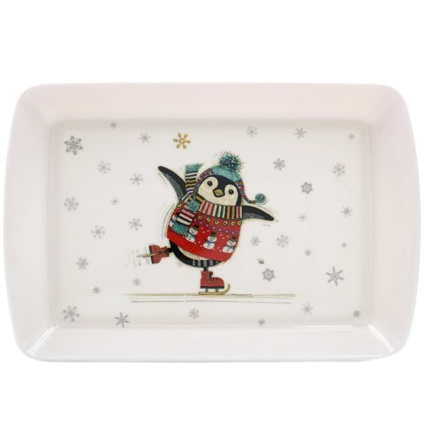 Bug Art's illustration of the festive penguin on a melamine tray.