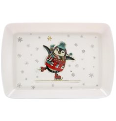 A decorative kitchen tray illustrated with the festive penguin by Bug Art.
