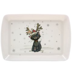 A decorative kitchen tray illustrated with the festive kitten by Bug Art.