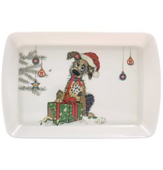 A decorative kitchen tray illustrated with the festive mutt by Bug Art.