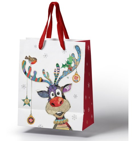 An adorable festive bauble reindeer, illustrated by Bug Art and presented on a gift bag.