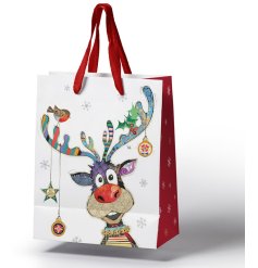 A festive Reindeer illustrated by Bug Art on a card giftbag.