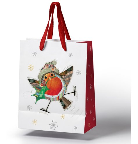 An adorable festive Robin, illustrated by Bug Art and presented on a gift bag.