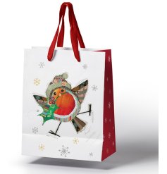A festive Robin illustrated by Bug Art on a card giftbag.