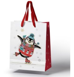 A festive penguin illustrated by Bug Art on gift bag.