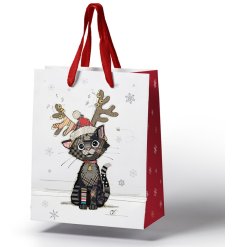 A festive kitten with antlers, illustrated by Bug Art and presented on a gift bag.