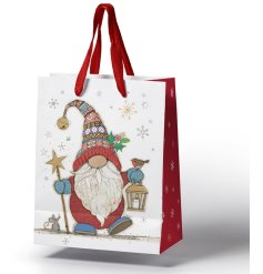 A festive Gonk illustrated by Bug Art on a card giftbag.