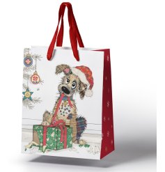 A festive mutt by the talented Bug Art on a decorative gift bag.