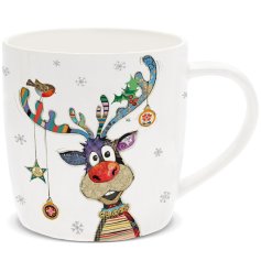 Festive reindeer on a china mug illustrated by the talented Bug Art.