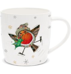 Festive Robin on a china mug illustrated by the talented Bug Art.