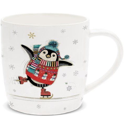 A festive ice skating penguin illustrated by Bug Art on a fine china mug.