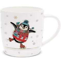 Festive skating penguin on a china mug illustrated by the talented Bug Art.