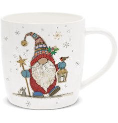 Festive, colourful gonk on a china mug illustrated by the talented Bug Art.