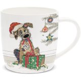 Festive Murphy the Mutt with gift on a china mug illustrated by the talented Bug Art.