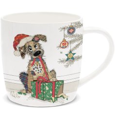Festive Murphy the Mutt with gift on a china mug illustrated by the talented Bug Art.