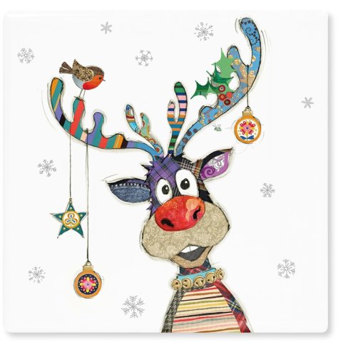 A bright coloured reindeer illustrated by Bug Art on a ceramic coaster.