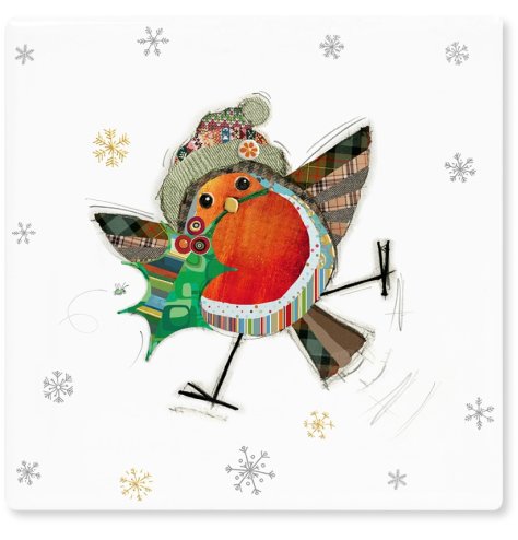 A festive robin with holly illustrated by Bug Art on a ceramic coaster.