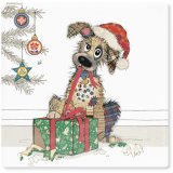 A festive mutt, ceramic coaster illustrated by the talented Bug Art.