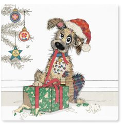 A festive mutt, ceramic coaster illustrated by the talented Bug Art.