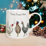 A humorous fine china mug with The Three French Hens illustration by the talented Bewilderbeest