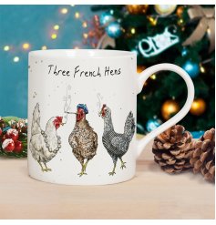 A humorous fine china mug with The Three French Hens illustration by the talented Bewilderbeest