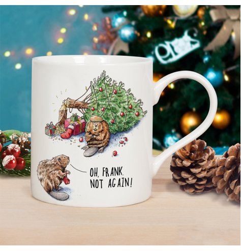 A humorous and witty beaver Christmas mug with an intricate illustration by the talented Bewilderbeest. 