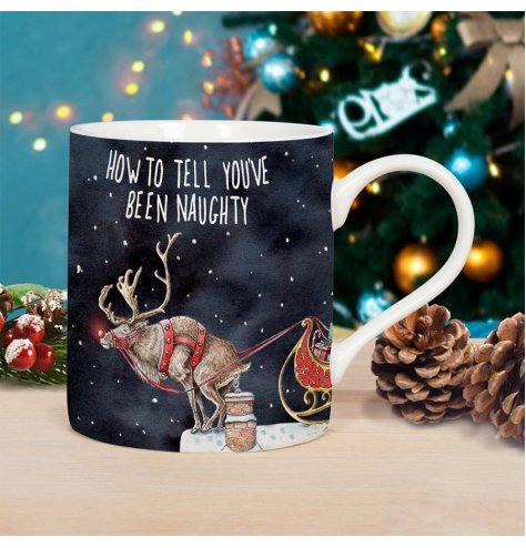 A richly coloured, witty and wonderfully detailed Christmas mug with matching gift box.