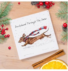 A beautifully illustrated ceramic coaster with a Daschund dashing through the snow by the talented Bewilderbeest. 